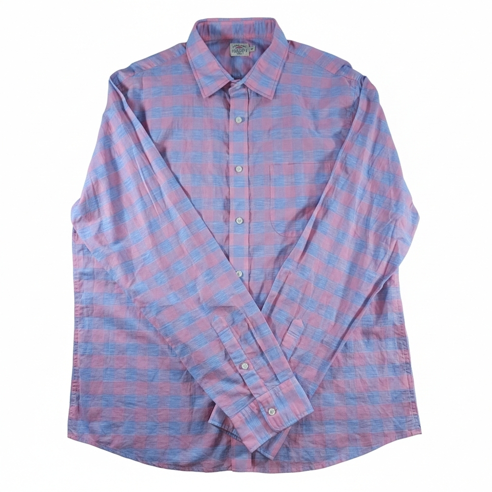 Faherty Mens Pink Blue Gingham Linen-Blend Button Down Shirt XL Coastal Preppy